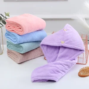Custom Double Layer with Button Rapid drying Coral Fleece Thickness Microfiber Hair Turban Towel Absorbent Shower Cap