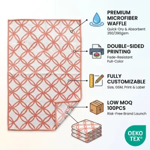 Custom Double Sided Print Microfiber Waffle Kitchen Towel 350 390GSM Tea Towel 45×45 45x70cm Quick Dry Absorbent Home Bar