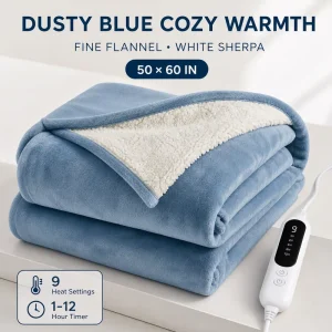 Custom Electric Throw Blanket 50×60 Inch Dust Blue Luxury Flannel Sherpa Digital Control 9 Heat Settings Auto off Winter Home