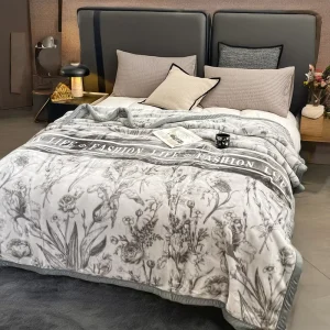 Custom Embroidered Home Soft Twin King Size Knitted Blue Floral Lively Sofa Cloudy Raschel Throw Blanket