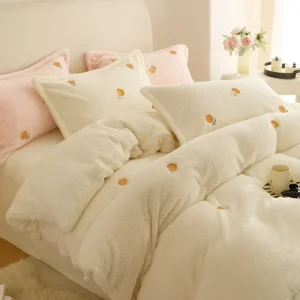 Custom Embroidery Imitation Teddy Fleece 4PCS Bedding Set Bedsheets Antistatic Thickened Bed Sheets Duvet Cover Set Pillowcase