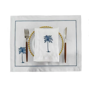 Custom Embroidery Palm Tree Placemat and Napkin Set for Home Restaurant Wedding White Linen Hemstitch Placemat and Napkin