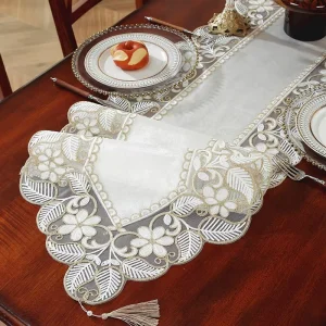 Custom Fancy White Multi Color Table Runner Exquisite Embroidery Lace Edge for Dining Party Dining Decoration
