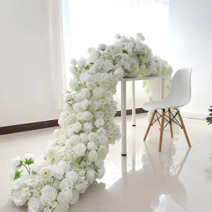 Custom Floral Row Faux Silk Dining Table Flowers Garland Artificial White Rose Flower Runner for Wedding Event Decor