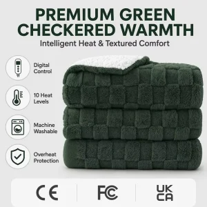Custom Forest Green Checkered Coral Fleece Sherpa Electric Throw Blanket 50×60 Inch Digital Control Safe Warm
