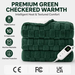 Custom Forest Green Checkered Coral Fleece Sherpa Electric Throw Blanket 50×60 Inch Digital Control Safe Warm