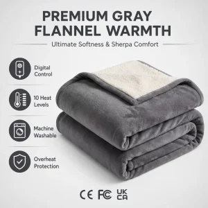 Custom Gray Flannel Sherpa Electric Throw Blanket 50×60 Inch Digital Control Safety Overheat Protection Warm Bed