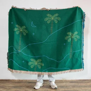 Custom Green Coconut Tree Jacquard Tassel Throw Modern Style Cotton Portable Woven Tapestry Blanket Hotel Use