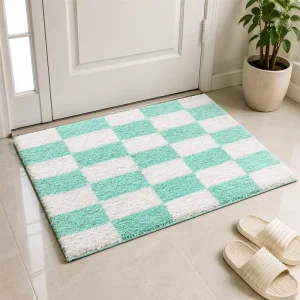 Custom Green White Grid Design Luxury Anti slip Bath Mat Water Absorbent Fast Dry Stone Drying Mat Silicone Foldable Bath Mat