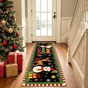 Custom Hallway Runner Rug Black and Red Christmas Long Floor Mat Printed Snowflake Snowman Entrance Carpet Hallway Rug