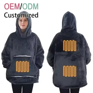 Custom Heating Flannel Sherpa Clothes Logo Electric Heated Hooded MINK Fluffy USB Hoodie Warmer Wearable TV Blanket