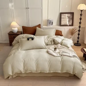 Custom High Quality 4 Pieces Set Queen King Size Luxury Washed Cotton Bed Sheet Pillowcase Duvet Cover Bedding Set
