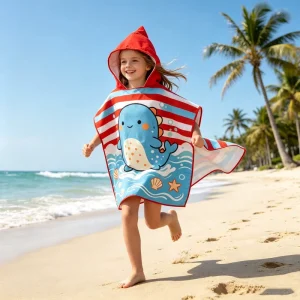 Custom Hooded Kids Beach Towels High Absorbent Soft High Quality Microfiber Kids Hooded Towel With Button Summer Children Poncho