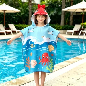 Custom Hooded Kids Beach Towels High Absorbent Soft High Quality Microfiber Kids Hooded Towel With Button Summer Children Poncho