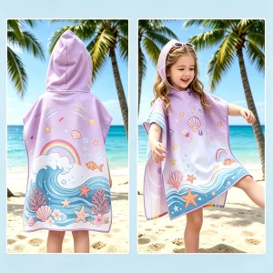 Custom Hooded Kids Beach Towels Thermal Sublimation Printing Ventilate Soft Microfiber Terry Cloth Children Poncho Beach Towel