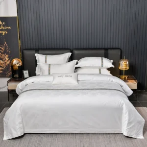 Custom Hotel Cotton Bedding Set 4PCS Embroidery With Ribbon Jacquard Bed Sheet Collections