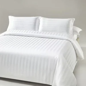 Custom Hotel Linen 300tc White Bedding Set Duvet Cover Bed Sheet Set 3cm Stripe 100% Cotton Bedding Set