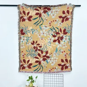 Custom Jacquard Woven Boho Blanket Floral Plant Design Tapestry Throw Picnic Camping Hiking Use