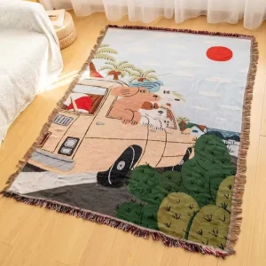 Custom Jacquard Woven Outdoor Dog Cartoon Throw Rug Cute Animal Pattern Raschel Blanket for Home Decor