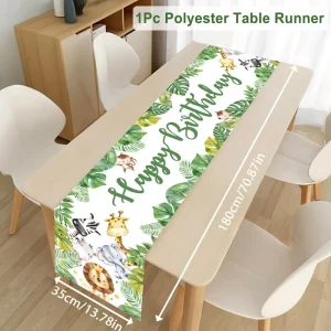 Custom Jungle Animals Cartoon Birthday Table Runner Personalized Design 71×14 Inches Washable Polyester Kids Party