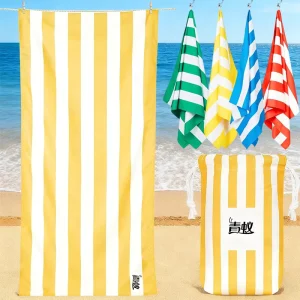 Custom Logo 100% Recycled Yellow Striped Microfiber Beach Towel Sand Free Quick Dry Oversized Travel Towel with Bag