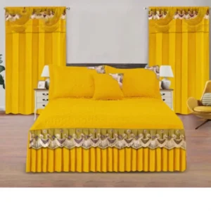 Custom Logo 5pcs Modern Embroidered Quilted Lace Ruffles Bedskirt & Sheet Set Matching Curtains Home or Hotel Use