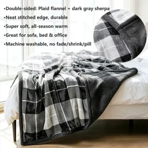 Custom Logo Buffalo Check Flannel Blanket Plush Premium Buffalo Check Plaid Flannel & Thick Warm Fluffy Sherpa Checkerboard