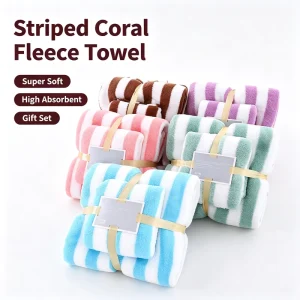 Custom Logo Coral Fleece Multicolor Striped Coral Velvet Face Hand Towel 2 Pieces Thickened Gift Bath Towel Set