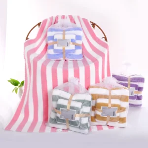 Custom Logo Coral Fleece Wash Cloth Stripe Face 35*75 Cm 70*140 Cm Bath Towel Set