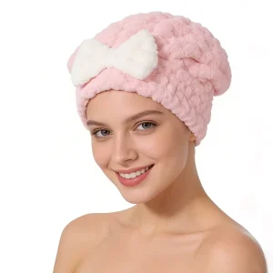 Custom Logo Cute Absorbent Coral Fleece Quick-Dry Eco-Friendly Fashion Bowknot Hair Drying Cap Elastic Head Wrap Travel Home Use