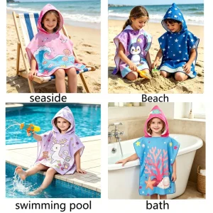 Custom Logo Design Microfiber Children’s Hooded Towel Sand Free Quick Dry Soft Eco Friendly Hooded Poncho Beach Towel for Kids