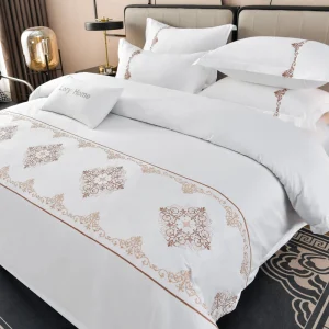 Custom Logo Duvet Cover Set White 100% Cotton Sateen Hotel Bedding Set 4 Pieces with Embroidery Border