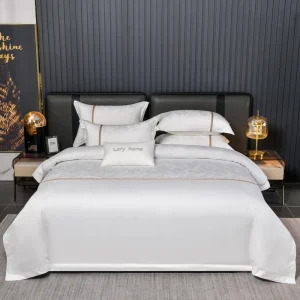 Custom Logo Embroidered Jacquard Bedding Set Ribbon Edge Cotton Hotel Bed Linen