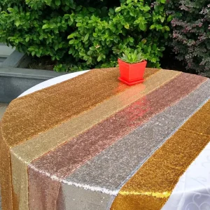 Custom Logo European Style Luxury Dinning Wedding Gold Rose Gold Sequin Satin Table Runner Decorative for Home