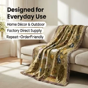 Custom Logo Fade Resistant Warm Washable Ins Style Yellow Village Pattern 100% Cotton Jacquard Thickened Encrypted Four Blanket