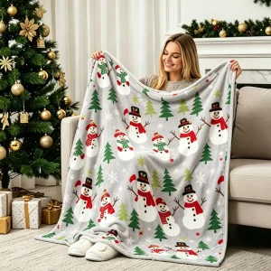 Custom Logo Grey Winter Holiday Sherpa Throw Plush Premium Soft Printed Flannel Face Reversible Warm Fleece Plush Snowman