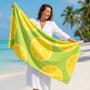 Custom Logo Lemon Print Microfiber Beach Towel Sand Free Quick Dry Vibrant Green Fruit Pattern Suede Travel Towel