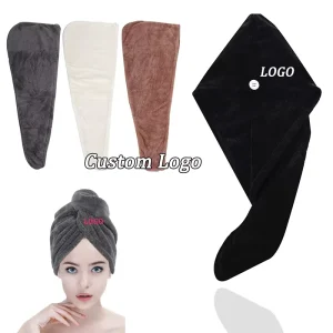 Custom Logo Microfiber Hair Drying Towel Twist Long Hair Button Towels Wrap Quick Drying Absorbent Cap Black Brown