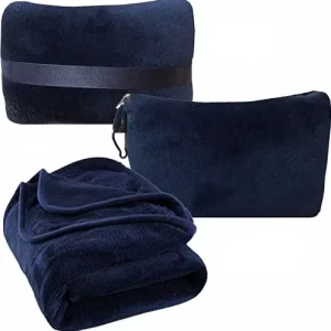 Custom Logo Navy Blue Mini Soft Case 2 in 1 Foldable Travel Airplane throw Blanket Pillow Compact Backpack Clip
