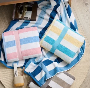 Custom Logo Premium 100% Cotton Terry Beach Towel Absorbent Oversized Stripe Beach Towel Luxury Stripe Color Bath Towel
