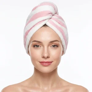 Custom Logo Quick Drying Water Absorbing Coral Velvet Super Soft Thick Striped Hair Towel Wrap Button Head Hair