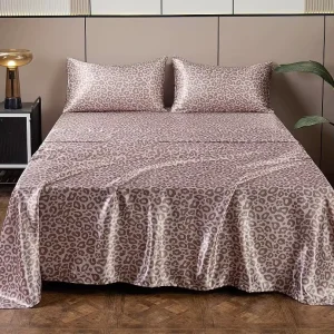 Custom Logo Satin Leopard Print Bed Sheet Sets Luxury Silky Bedding Set Home Hotel Flat Sheet Fitted Sheet Pillowcases