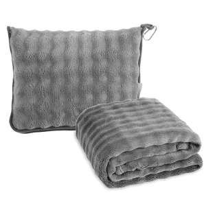 Custom Logo Ultra Soft Grey Plush 2 In 1 Pillow Blanket Saving Portable Travel Set for Airplane Office Home Outdoor