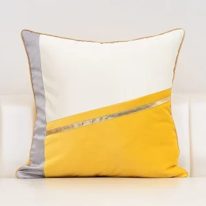 Custom Logo Velvet Gold Leather Patchwork Pillowcase Gold Line Geometric Throw Pillow Cover for Home Hotel