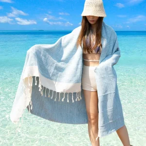 Custom Logo White 100% Cotton Turkish Towel Oversized Large Beach Towel with Woven Striped Tassels Factory