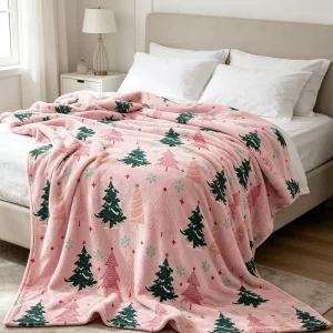 Custom Logo Xmas Printed Flannel Throw Plush Ultra Soft Skin Friendly Holiday Printed Flannel Fleece Snowflake Blanket