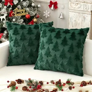 Custom Luxury 3D Flocked Christmas Tree Pillow Cover Green Plush Cushion Case for Sofa Home Holiday Decoration