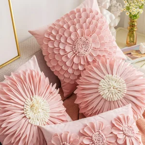 Custom Luxury 3D Flower Pillow Cover Pink Velvet Cushion Case for Sofa Bedroom Home Decor
