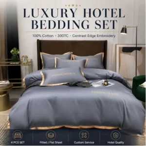 Custom Luxury 5 Star Hotel Bed Linen Contrast Colored Wide Edged Letter Embroidery 100% Cotton Bed Sheet 300TC Bedding Set