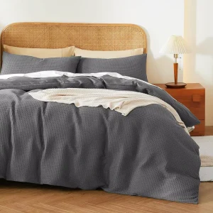 Custom Luxury 600 TC Dark Grey Egyptian Cotton Duvet Cover Set with Waffle Weave Texture All Season Soft Breathable Bedding